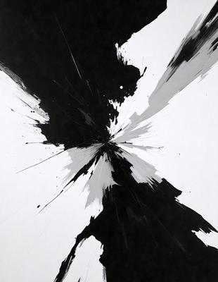 The primary subject of the image is a black and white painting of a hole in the center of a white background. The visual style appears to be a combination of a photo and a painting, creating a unique and artistic representation of the hole. The colors and mood of the image are predominantly black and white, giving it a dramatic and striking appearance.